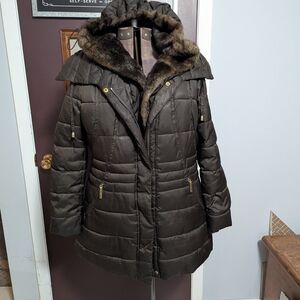 Apt. 9 Women's Dark Brown Quilted Puffer Coat with Faux Fur